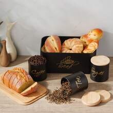 Aurelion 4pcs Black Metal Kitchen Storage Set With Bamboo Lid Bread Box And Coffee Tea Sugar Canisters, Gold Letter Print Food Storage Containers, Countertop Kitchen Organizer - Black - View 6