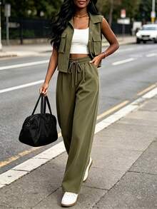 Women's 3 Pieces Vintage Military Green Utility Set, Short Sleeve Shacket, White Camisole, Spring/Autumn Elegant - Army Green - View 7