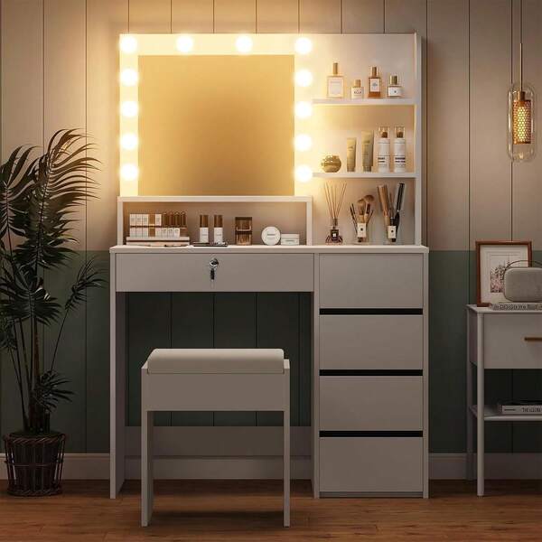 Tocador Vanity con Luz LED Regulable, Tocador de Maquillaje con 4 Cajones y 3 Estantes Abiertos Mesa de Maquillaje con Taburete, Espejo de Pantallaáctil Iluminado Ajustable (Blanco)