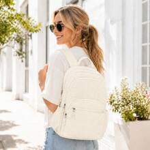 Quilted Multi-Pocket Backpack With Large Side Water Bottle Pockets For School Travel Daily Use - Beige - View 7