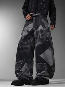 Men's American Street Jeans Digital Print Loose Wide Leg Casual Niche Design All Season Long Pants No Belt No Accessories - Black - View 4