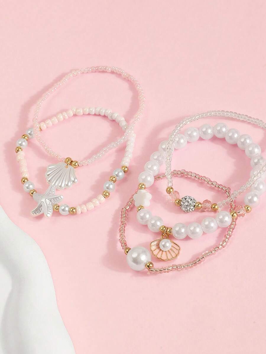 1 Set Pulsera de Estilo Bohemio con Estrella de Mar, Concha, Perla y Cuentas de Semilla en Capas, Diseño Hecho a Mano para Vacaciones en la Playa, Adecuado para Niños - Rosa - Ver 1