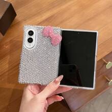 Full Rhinestone 3D Bowknot Sparkling Wrist Strap Phone Case Compatible With Galaxy Z Fold3/Fold4/Fold5/Fold6/Fold7/8 Foldable Screen Luxury Full Coverage Anti-Drop Protective Shell - Silver Diamond Pink Bow - View 3