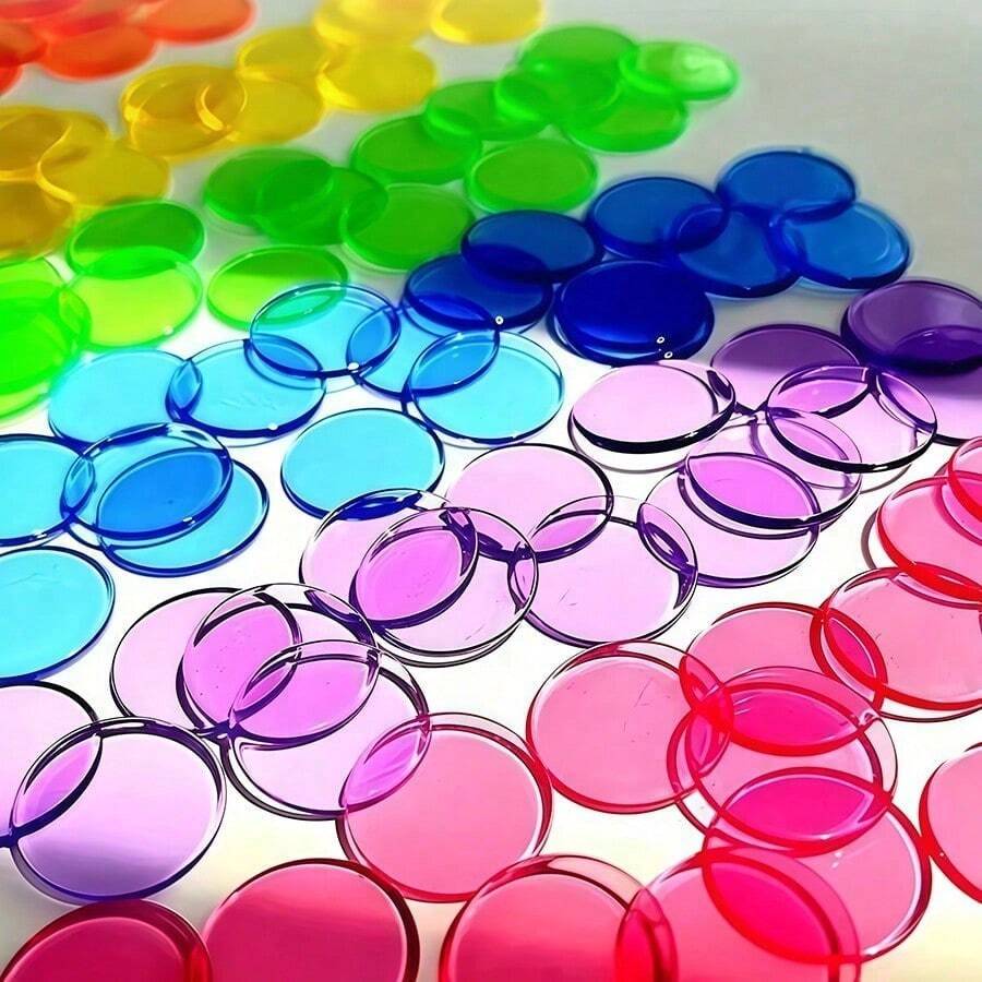 100/300/500/1000pcs Transparent Plastic Counting Markers, Suitable For Family Game Night, Mixed Color Bingo Counting Markers, Transparent Bingo Markers, Bingo Set For Game Night And Counting Tasks, Bingo Accessories - Multicolor - View 1