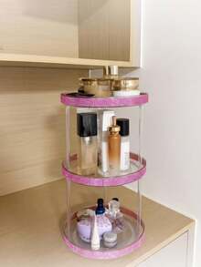 1PC Rhinestone Decorated Multi-Functional 360° Rotating Makeup Organizer, 360° Rotating Rhinestone Cosmetic Storage Rack, Double Layer Vanity Skincare Organizer, Girly Pink Sparkling Rhinestone Rotating Storage Tray, Large Capacity Desktop Skincare Lipstick Makeup Organizer - Multicolor - View 6