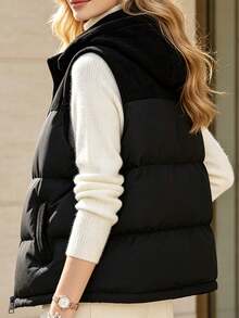Women's Autumn/Winter Colorblock Thickened Warm Hooded Padded Vest Jacket - Black - View 2