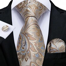 Floral Beige Necktie Pocket Square Cufflinks Tie Clip 4pcs Kit For Rustic Barn Wedding & Country Fair Formal Visiting Hours - Beige - View 2