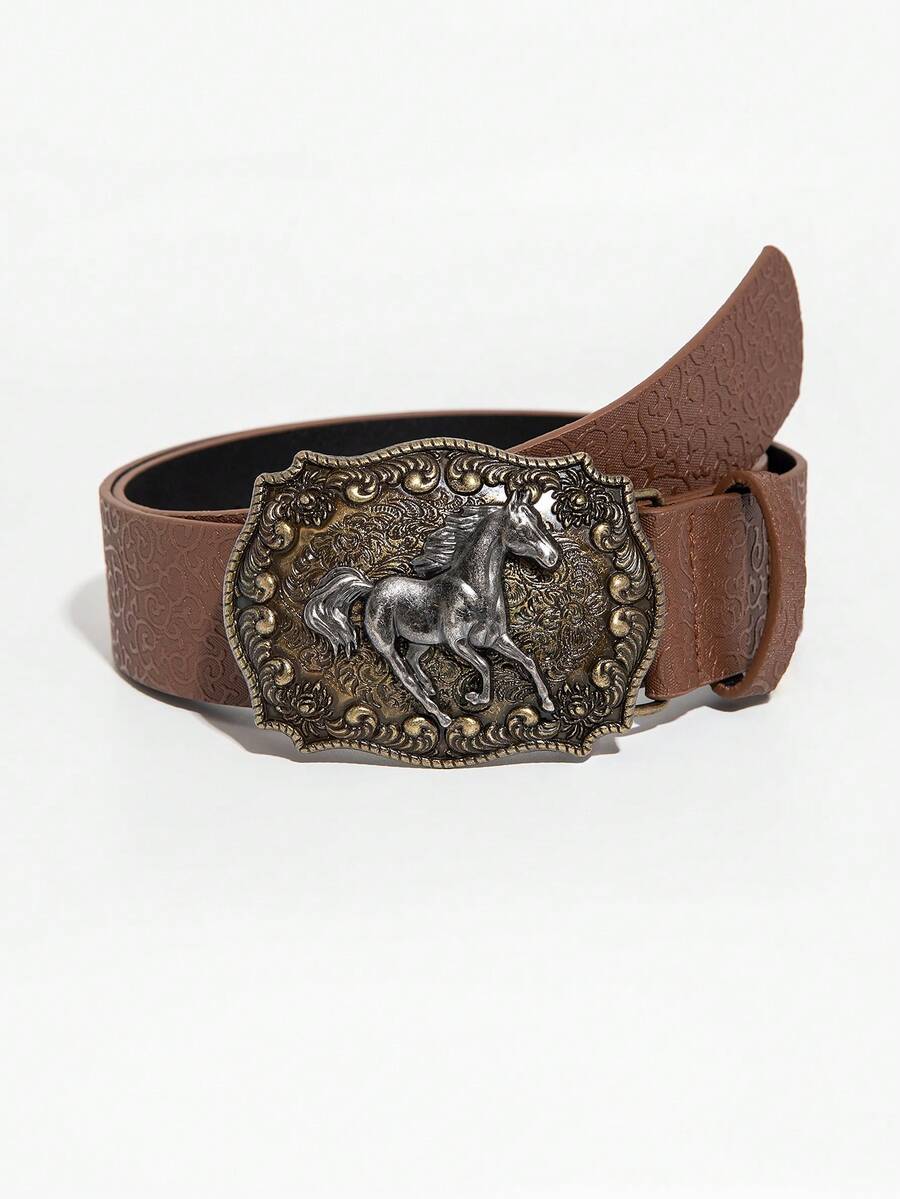 1pc Patterned Solid Color Western Cowboy Leather Belt With Vintage Buckle - Brown - View 1