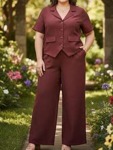 conjunto elegante plus size calsa pantalona e blusa de tesido censorial marrant - Vinho - Visão 2