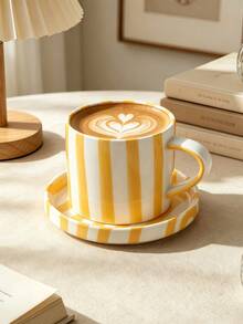 Multi-Color Vertical Striped Ceramic Coffee Cup With Matching Tray, Red Yellow Black 3-Color Striped Porcelain Latte Tea Cup Set, Vintage French Aesthetic Breakfast Tableware, Romantic Valentine's Day Birthday Housewarming Gift - Multicolor - View 3