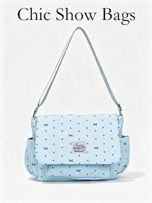 Women Messenger Shoulder Bag,Flap Satchel,Polka Dot Bow Print,Adjustable Strap,Multi‑Pocket Large Capacity,Daily School Travel Bag For Teen Girls - Multicolor - View 10