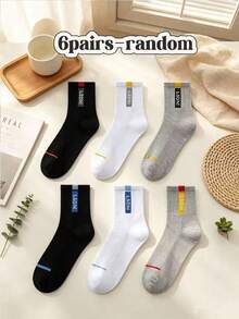 6 Pairs Japanese Minimalist Contrast Color Fabric Label Mid-Calf Socks, Thin Mesh Breathable Cotton Socks, Black White Gray Basic Casual Sports Socks For Men And Women - Multicolor - View 10