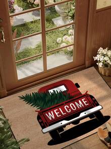 1pc Funny Christmas Truck Christmas Tree Welcome Print Doormat, Yard Atmosphere Decor, Winter Yard Welcome Mat, Outdoor Garden Decoration, Home Decor - Mustard Yellow - View 1