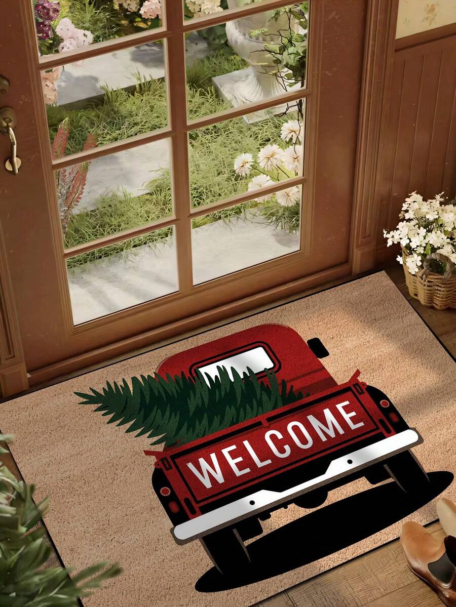1pc Funny Christmas Truck Christmas Tree Welcome Print Doormat, Yard Atmosphere Decor, Winter Yard Welcome Mat, Outdoor Garden Decoration, Home Decor - Mustard Yellow - View 1