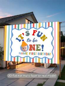 Customizable Name & Photo Colorful Striped Background First Birthday! Happy Birthday Backdrop Suitable For Bath, Birthday Party, Gift, Indoor/Outdoor Wall Decor Photography Banner Vinyl, Step And Repeat - Multicolor - View 4