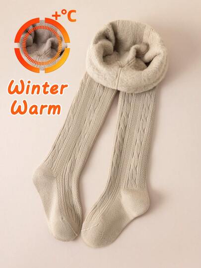 1 Pair Girls/Infant Khaki Thin Fleece Tights, Classic Cable Knit Striped Minimalist Warm Tights, Skin-Friendly Soft Comfortable Thin Fleece Versatile Stirrup Tights, Suitable For Autumn/Winter Daily Wear/Holiday Gifts/School Outfits/Skiing Trips