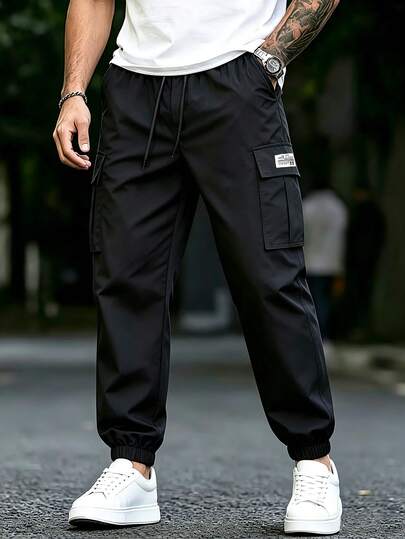 Men's American Street Style Cargo Jogger Pants, Multi-Pocket Drawstring Versatile Casual Workwear Long Pants