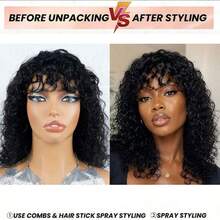 AMECIRE Curly Wig Human Hair Wigs Long Black Wig With Bangs Water Wave Wig Fluffy Shape Pixie Cut Wig Elastic Mesh Cap Suitable For Everyday Wear - Natural Black - View 4