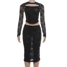 Women's Sexy Black Lace Two Pieces Set, High Stretch Semi-Sheer Bodycon Outfit With Round Neck And Contrast Lace Detail For Special Occasions - Black - View 11