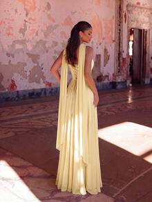 ADYCE Elegant Halter Tie Ribbon Sweetheart Neckline High Waist Pleated High Split Open Back Floor-Length Party Dress Prom Birthday Party Evening Christmas - Light Yellow - View 2