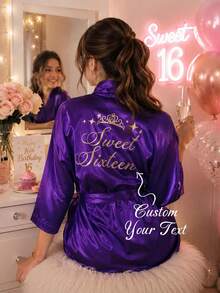 1pc Customized Personalized Pajama Set Or Robe - Satin Bridal & Bridesmaid Robe, Comfortable Loungewear, Customized Name Wedding Robe, Embroidered Design, Exclusive Bridesmaid Outfit, Personalized Satin Long Robe, Customized Bridal Outfit, Lace Trim Robe - Multicolor - View 7