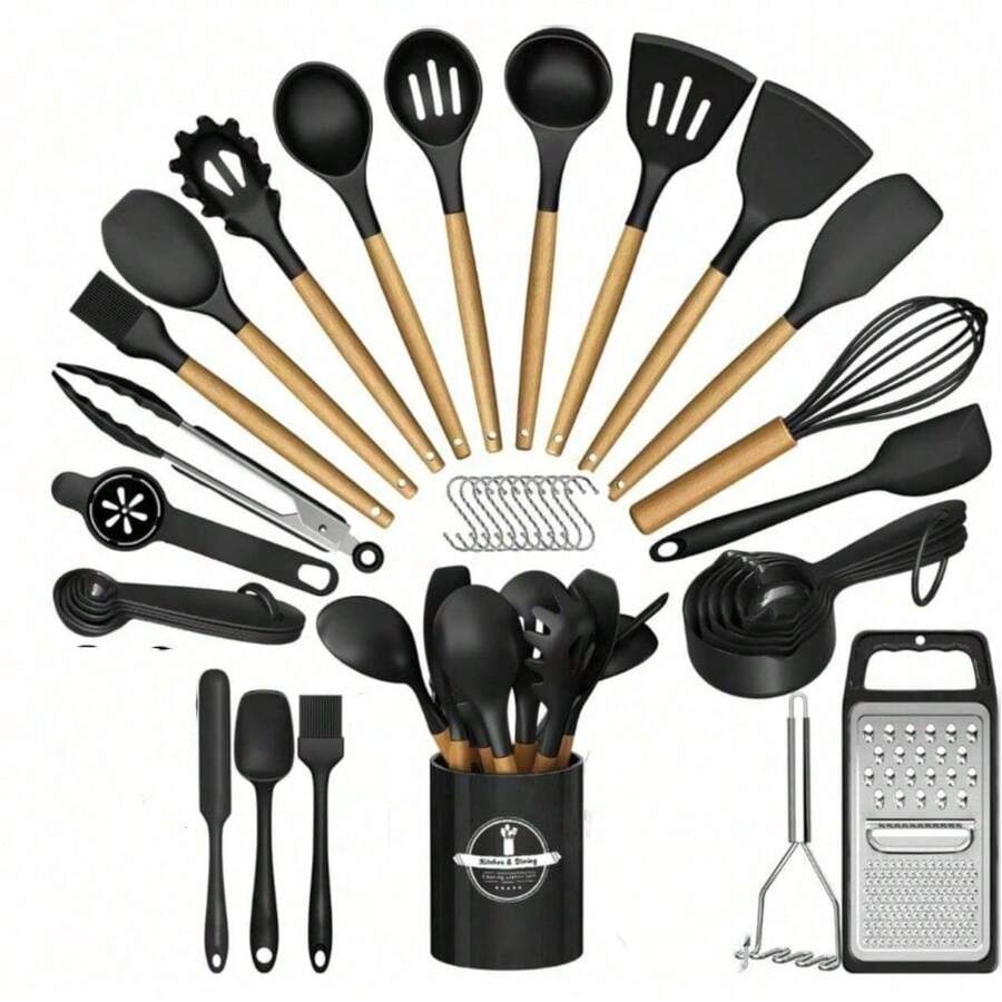 44-Piece Wooden Handle Silicone Kitchenware Set Storage Bucket Non-Stick Shovel Spoon Cooking Set - Black - View 1