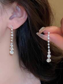 Rhinestone Chain Stud Earrings & Necklace Set - Silver - View 4