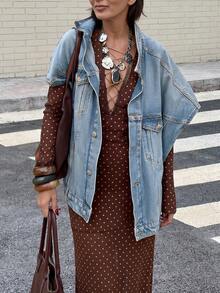 Fashionable Versatile Loose Turndown Collar Denim Jacket, Unique Design Short Sleeve Denim Jacket For Commuting Casual Summer - Light Wash - View 2