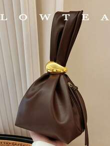 low tea 1 pieza Bolso de mano de mujer de unicolor de piel de PU, bolso mini plisado con decoración de metal y cierre con cremallera, adecuado para uso diario y salidas - Café - Ver 2
