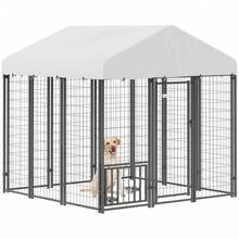 PawHut 6' X 6' X 6' Dog Run Outdoor, Large Outdoor Dog Kennel Welded Wire Steel Fence With UV-Resistant & Waterproof Cover, Rotating & Adjustable Bowls, Secure Lock, Silver - 銀色 - 查看 10