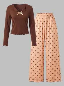 Sweet Autumn/Winter Girls Brown Bow Decor Long Sleeve Top + Bow Print Long Pants Pajama Set, Soft Fabric, Suitable For Girls Home Wear - Brown - View 3
