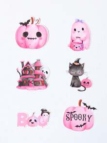 48pcs/1set Pink Watercolor Halloween Lollipop Card Inserts, Pumpkin Castle Ghost Black Cat Shaped Greeting Cards, With Holes For Candy Fixing, Paper Decorative Cards, Suitable For Children's Halloween Party Candy Packaging, Holiday Gifts, Kindergarten Gift Crafts - Multicolor - View 8