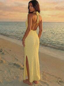 Women's Yellow Spaghetti Strap Knit Dress - Fitted Knit Dress With Back Slit, Suitable For Summer Vacation, Beach And Party Wear - Yellow - View 5