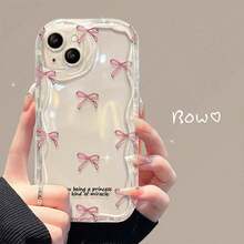 1pc Ins Cream Edge English Font Bow Pattern Phone Case, Compatible With 17 16 15 14 13 12 11 Pro Max, Transparent Phone Protective Cover Waterproof Shockproof Scratch-Resistant - Multicolor - View 4