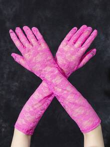 1 Pair Women's Summer Thin Lace Long Riding Gloves, UV Protection Sun Protection - Pink-198 - View 3