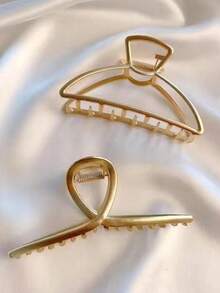 3pcs 11.3cm/4.47inch Women's Metal Exquisite Straight Crescent-Shaped Square Large Alloy Hair Claw Clips Fashion Versatile High-End Elegant Elegant Hair Accessories Suitable For Daily Wear, Outings, Washing Face, Bathing, Makeup, Matching Clothes, Hair Clips - Gold - View 2