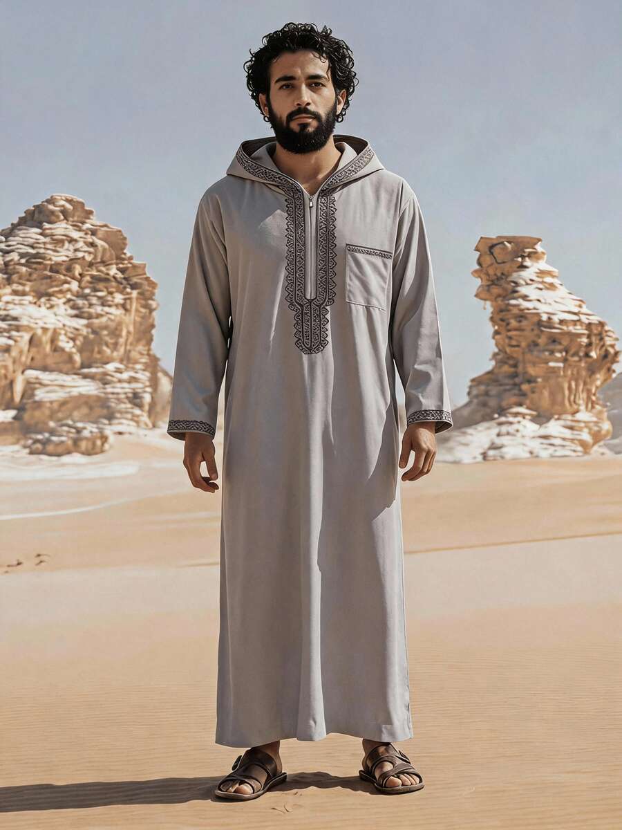 新款摩洛哥男士長袍,長袖刺繡連帽設計,穆斯林男士阿巴雅,伊斯蘭寬鬆男士傑拉巴,沙烏地阿拉伯傳統服飾 - 淺灰色 - 查看 1