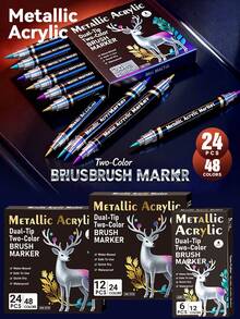 Pulpen Gel Akrilik Metalik Dua Ujung Dua Warna, Set 6/12/24 Warna, Pulpen Lukisan Sentuh untuk Model Figur Mecha, Warna Kaya dengan Kilau Metalik dan Saturasi Tinggi, Aliran Tinta Halus dan Berkesinambungan, Daya Tutup Kuat, Pengisian dan Garis Luar Dua Warna Sekali Gores, Perlengkapan Musim Kembali ke Sekolah - MultiWarna - View 1