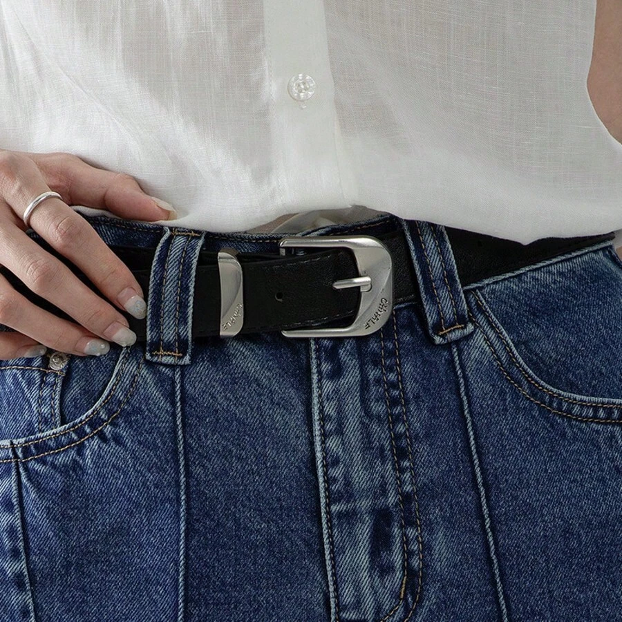 1pc Women's Silver Buckle Casual Dress Leather Belt, Women's Accessory Waist Belt Minimalist Fashion Versatile Belt, Jeans Dress Multi-Functional Classic Belt, Vintage Design Waist Belt, Daily Commute Waist Accessory - Black - View 1
