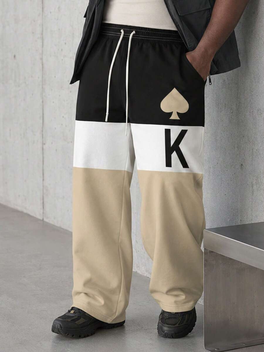 Plus Size Men's American Style Three-Color Contrast Spade K Print Wide Leg Casual Pants, Drawstring Waistband Loose Drape Long Pants, Suitable For Tall Men Plus Size Long Pants - Multicolor - View 1