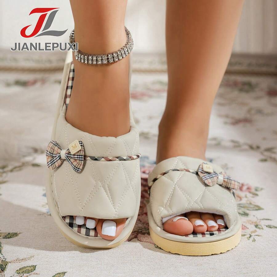 Fashionable New Open-Toe Indoor Slippers, Slip-On Comfortable Anti-Slip Silent Indoor Slippers Butterfly Casual Acrylic Bow Home Wear All Seasons - White - View 1