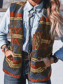 Acelitt Women's Bohemian Style Geometric Jacquard Zipper Front Vintage Vest With Pockets, Suitable For Spring And Autumn - Multicolor - View 2