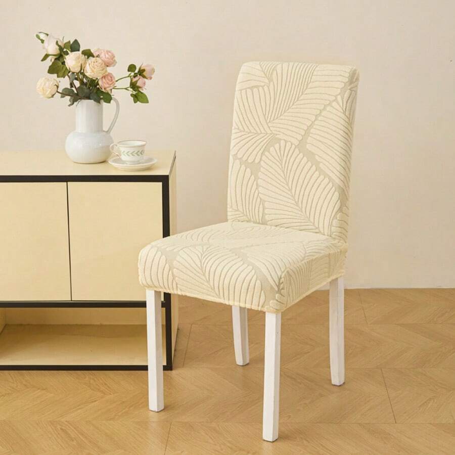 1件/4件/6件/8件 可拆卸椅套,抓絨提花,葉片圖案,彈性,適用於餐廳、客廳、臥室椅子裝飾 - 奶油白 - 查看 1