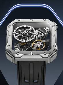 Men's Automatic Mechanical Skeleton Watch, Black Or Silver Stainless Steel Case, Luminous Dial, Waterproof, Rubber Strap, 4001 - 4001 - View 3