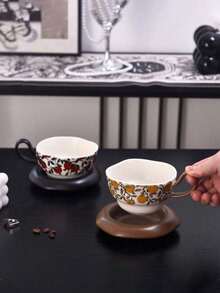 復古手繪水果圖案陶瓷咖啡杯碟套組，不對稱波浪邊石榴與柿子馬克杯，下午茶拿鐵杯，居家早餐杯，喬遷禮物 - 彩色 - 查看 3
