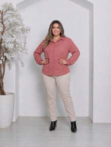 Women's Plus Size Solid Color Long Sleeve Dress Shirt - 玫瑰 - 查看 1