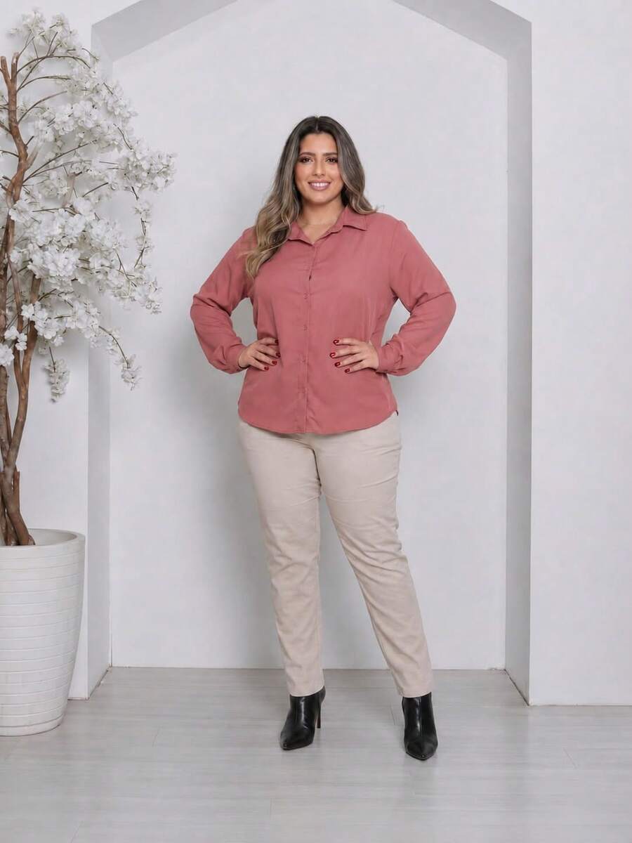 Women's Plus Size Solid Color Long Sleeve Dress Shirt - 玫瑰 - 查看 1