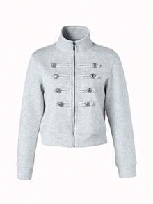 SAOYANGYU Women's Fashion Grey Short Jacket, Stand Collar Double Button Design, Long Sleeve Zipper Front, Suitable For Autumn/Winter Wear - Light Grey - View 4