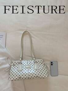 FEISTURE 1pc Polka Dot Print Women's Shoulder Bag, Suitable For Girls, Ladies, College Students, New Professionals And White-Collar Workers, Perfect For Work, Business, Commute, School - White - View 6