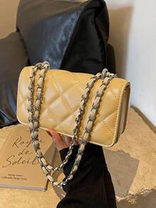 Mini bolso de mano con cadena acolchada de diamantes nuevo, bolso bandolera de diseño simple, bolso de hombro para ir al trabajo - Mostaza Amarilla - Ver 8